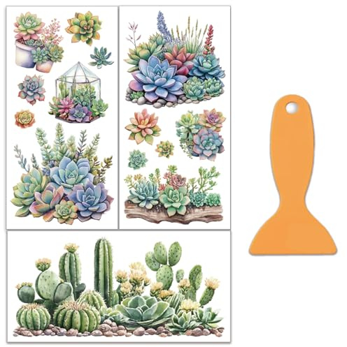 OLYCRAFT 3 Stück/Set Sukkulenten Abziehbilder Zum Aufreiben Für Möbel Und Kunsthandwerk 15x30cm Große Sukkulenten Möbelaufkleber Transferaufkleber Abziehbild Zum Aufreiben Mit 1 Teiligem Schaber