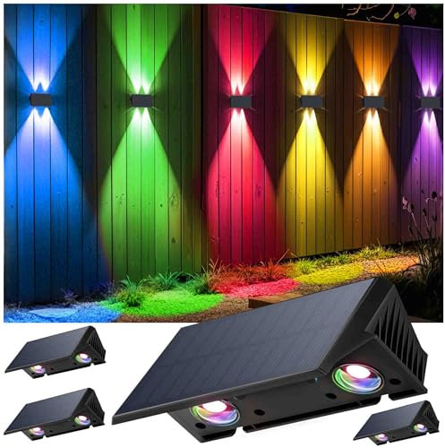 IIRARA Solar Fence Lights Outdoor Garden, RGB Up/Down Wall Lights, IP67 Waterproof Garden Fence Lights with 12H Runtime for Garage & Poolside - 4 Pack
