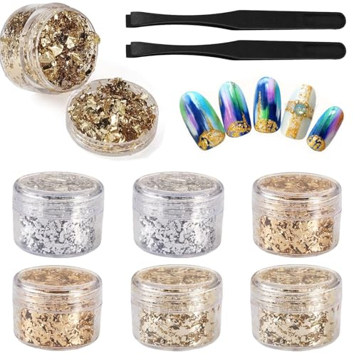 VIDSTW 6 Flaschen Essbares Blattgold 3 Silber Blattgold Essbar | 3 Flocken Blattgold mit 2 Pinzette Blatt Gold Folien Blattgoldflocken Essbare Blattgoldblätter Goldfolie Papier Dekorfolie