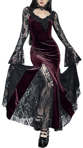 DINGJIUYAN Women Gothic Velvet Maxi Dress Vintage Long Sleeve Flare Sleeve Velour Lace Long Dresses Halloween Costumes Wine Red