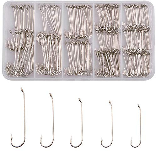 360pcs Fly Tying Hooks Long Shank Nymph Streamer Fly Hook Dry Wet Fly Fishing Hooks High Carbon Steel Round Bend Jig Hook for Trout Salmon Fishing Tackle Box