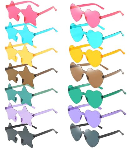 Anseom 14 Pares Gafas Corazón, Gafas de Estrella, Gafas de Fiesta sin Marco, Gafas de Fiesta de Color Gafas Carnaval Divertidas para Carnaval Navidad Fiesta Aniversario Fiesta de Cumpleaños