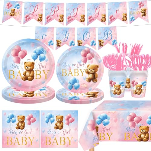 142 Pcs Bear Gender Reveal Decorations Bear Themed Plates Cups and Napkins Sets Boy Or Girl Gender Reveal Decorations Serves 20