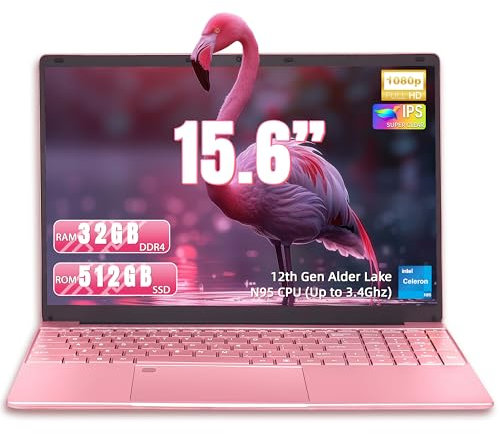 AocBook 15.6 Pink Slim Laptop with 32GB DDR4 RAM, High-Speed 512GB NVMe SSD, N95 Processor Up to 3.4GHz, FHD IPS Display, Backlit Keyboard (Pink, 32GB RAM | 512GB SSD)