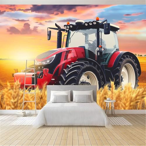 Fototapete Bauernhof-Sonnenuntergang-Traktor Wandtapete, Vliestapete Fotoposter Wandbild, Moderne Wanddeko, für Schlafzimmer Wohnzimmer Kinderzimmer, Panorama 3D Effekt 100x70cm