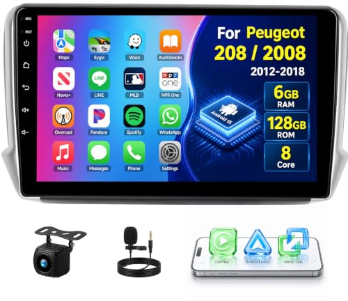 OiLiehu 6GB+128GB 8 Core Android 13 CarPlay Android Auto 2 DIN para Peugeot 208/2008 2012-2018 Pantalla 10.1 Pulgadas con Bluetooth GPS FM/RDS WiFi Mirror Link SWC DSP/EQ Camara Marcha Atras