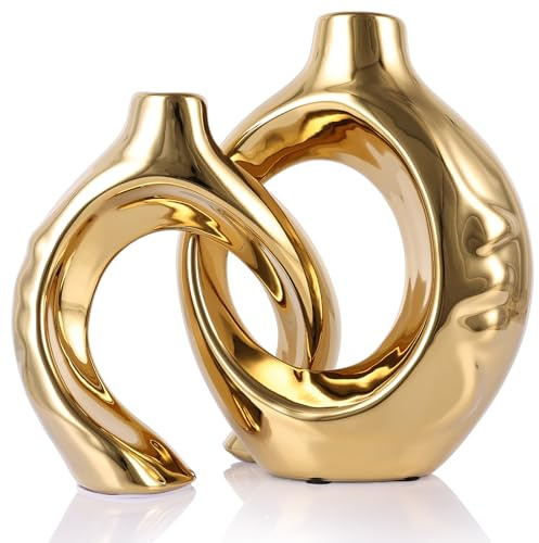 Orange Home Decor Keramikvase, orange-goldfarbene runde Vase mit Löchern, 2er-Set, geeignet für Hochzeitseingangsdekoration, Bücherregal, Kaminsims, einzigartige Wohnkultur