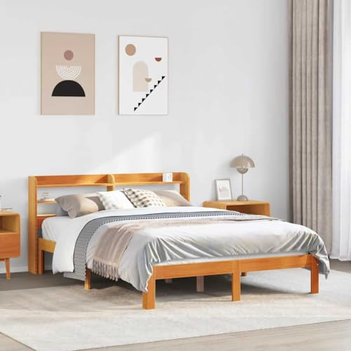 Teenpull Massivholzbett aus Kiefernholz, wachsbraun, 140x200 cm, mit integriertem Kopfteil und Ablagen, Stabiler Lattenrost, für erholsamen Schlaf im Schlafzimmer