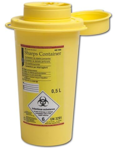 Henry Schein - Kanülenabwurfbehälter (0,5 Liter) für Spritzen, Nadeln & Skalpelle, stabile Sicherheitsbox mit Abdrehvorrichtung, rund, gelb