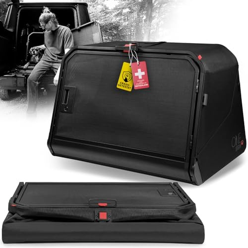1one1 ORIGAMI Hundetransportbox Auto Alu | Alu Hundebox Auto Kofferraum | Hundebox faltbar per Knopfdruck & Crash-getestet | Transportbox Hund aus Aluminium & Textil | Size X-Large