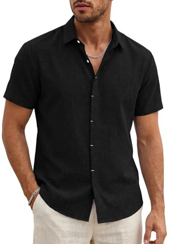 Runcati Chemise à manches courtes légère d'été pour homme coupe normale en lin pour mariage, business, plage, loisirs, décontracté, couleur unie, Noir , XL