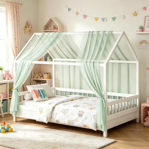 BOYIFEIJIE Hausbett Himmel Set 2-TLG - Betthimmel 150x350cm für Kinderbett Deko - Aus Atmungsaktivem Musselin mit Befestigungsbändern - Für Mädchen & Jungen (Grün)