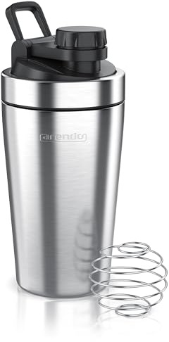 Arendo - Eiweiß Shaker Edelstahl 500ml, Protein Shaker mit Mixkugel, BPA frei, Mixbecher, Metall Premium Eiweißshaker, Tragegriff, Spülmaschinengeeignet, To Go für Yoga Fitness Sport, Silber