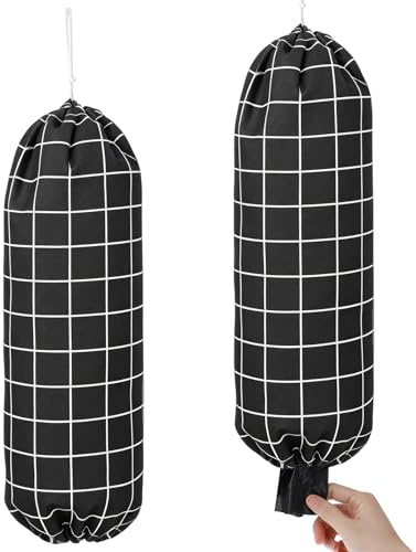 ZEYIYER 2Pcs Carrier Bag Storage, Black Hanging Plastic Bag Holder | Washable Carrier Bag Holder with Drawstring, Adjustable Wall Mounted Grocery Bag Holder for Home, Kitchen, Camper