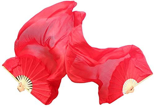 Winged Sirenny Convertible Silk Fan Veils & Poi - 59 Hand-Painted Dance Props (1 Pair) - Belly Dance Praise Performance (red)