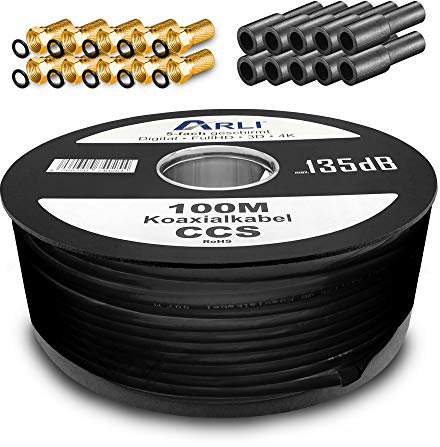 ARLI 100m Koaxialkabel Schwarz – max. 135 dB 5-fach geschirmt UV-beständig + 10x F-Stecker vergoldet & 10x Gummitüllen für DVB-S DVB-T2 4K HDTV