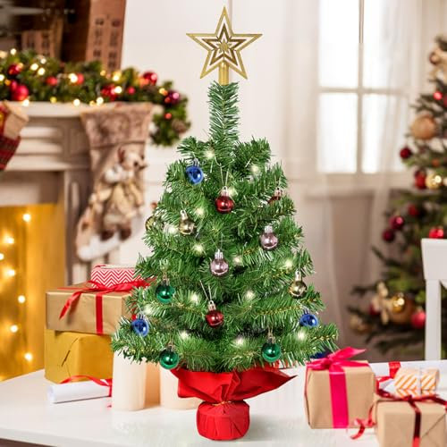 AGM 2ft Mini Christmas Tree with Lights, 60cm Tabletop Small Christmas Tree with 2pcs String Lights, Star Topper and Mini Balls for Christmas Home Kitchen Table Decor