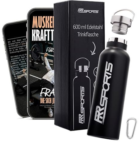 RR Sports - Edelstahl Trinkflasche spülmaschinenfest 600 ml, Sport Wasserflasche 100% plastikfrei & BPA frei Fitness, Fitnessstudio & Gym, Flasche auslaufsicher, isoliert, Sportflasche schwarz
