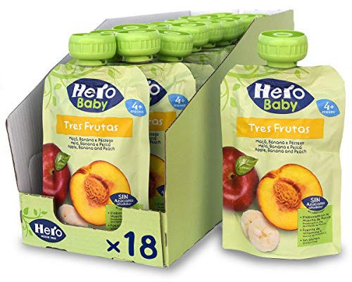 Hero Baby - Bolsita de 3 Frutas con Melocotón, Manzana y Plátano, Sin Conservantes ni Colorantes, Aceite de Palma, Gluten, ni Azúcares Añadidos, Para Bebés A Partir de los 4 Meses - Pack de 18 x 100 g
