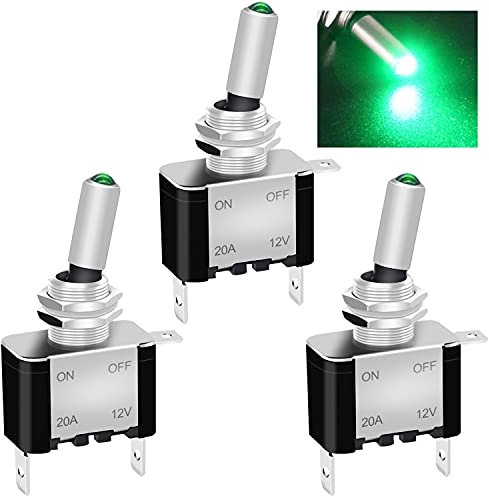Taiss/3 Stück Kippschalter 12V DC 20A Grüne LED Wippschalter beleuchtet 3 Pin EIN/AUS SPST ASW-07D-G