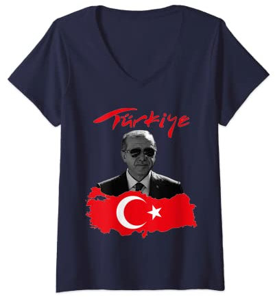 Damen Recep Tayyip Erdogan Türkiye Flagge T-Shirt mit V-Ausschnitt
