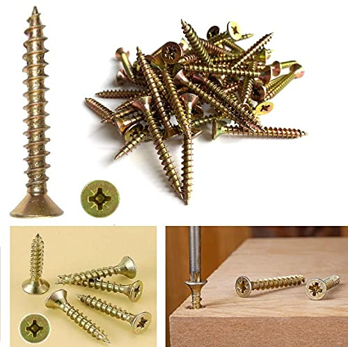 TERF® Multi Purpose Screws 5.0 X 50mm Pozi Flat Double Countersunk Zinc Yellow Screws For PVCu Wooden Timber Chipboard MDF and other similar types Screw Size 5.0 X 50mm - Pack of 100