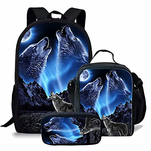 KUIFORTI Rucksack-Set, 3-in-1, Schultasche, Lunch-Tasche, Federmäppchen, Geschenk für Teenager, Jungen, Mädchen, Blauer Galaxiewolf., Einheitsgröße, Schulrucksack
