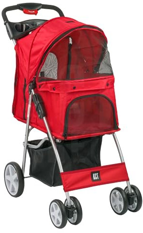 KCT Hooded Foldable Pet Dog Cat Stroller Red- 4 Wheel Travel Carriage with Safety Leash, Canopy, Cup Holder, Storage Tray