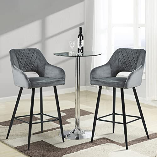 LEMROE Barhocker aus Samt, gepolstert, Frühstückstheke, Barhocker mit Metallbeinen, Küchenhocker mit Armlehnen, für Zuhause, Küche, Bar, Grau, 2 Stück
