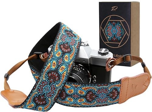 Padwa Lifestyle Sangle Appareil Photo - Extrémités en Cuir de Vachette Ddouble Couche,Sangle D'appareil Photo en Coton Brodé de 2,Bandoulière Photographe Réglable Pour Tous Les Appareils Photo DSLR