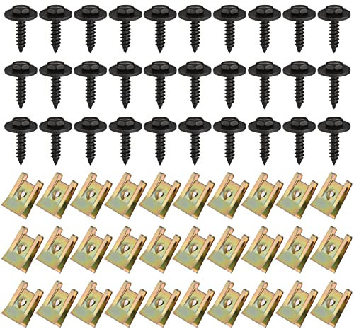Hejo Blechmutter Schraube Mutter Clip Kit, 30 Sätze Kotflügelclip Blechmuttern Befestigung Clips Karosserieschrauben Klemmen Sechskantschrauben Metallschalenclip für Auto