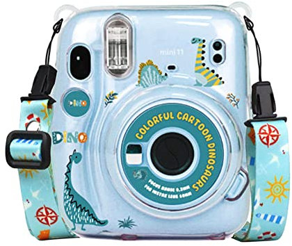 Mini 11 Camera Case with Photo Pocket Bundle for Fujifilm Instax Mini 11 Instant Camera (Clear Case with Films Holder, Decoration Skin Sticker, Adjustable Shoulder Strap Accessories (Dinosaur)