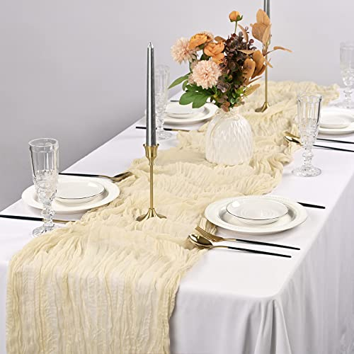 2Pack Käsetuch Tischläufer Beige, rustikaler Gaze Tischläufer 90x 300cm Cheesecloth Gaze Tischläufer, Käsetuch Boho Tischläufer für Hochzeit Party-Dekoration (Beige)