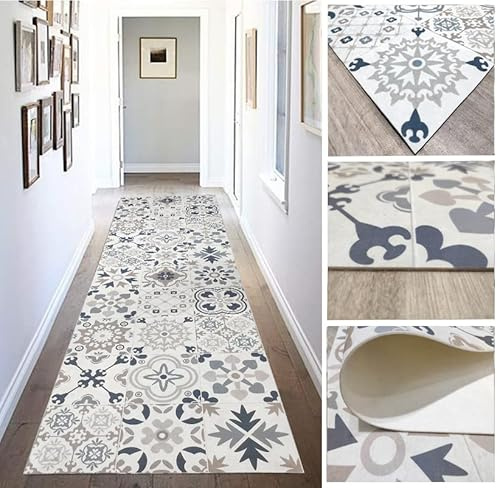 TADI & IMPERIO Alfombra Vinílica hidráulica de Baldosas Realistas, para Salón, para Pasillo, para Cocina y moqueta a Medida, de Color beig con Tonos zules, OROS y Naranjas.
