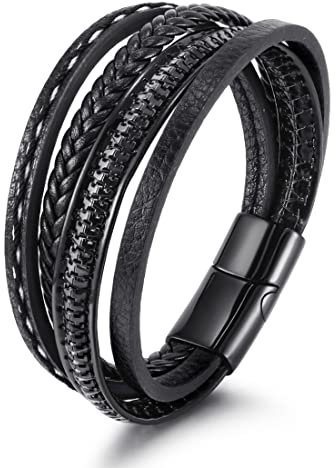 21cm Geschenke für Männer Herren Armband Leder Armreif schwarz Lederband, geflochten Echtleder Breites Lerderarmband Wickelarmband mit Magnet Verschluss,Tolles Geschenk für Männer
