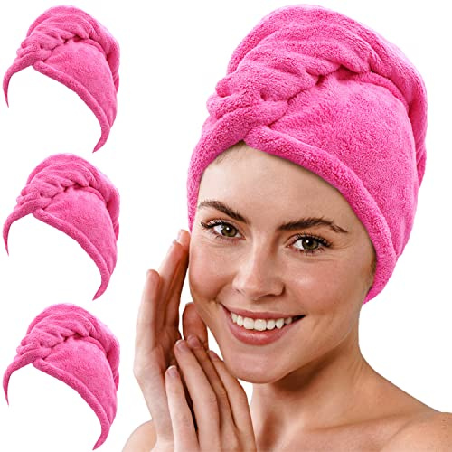Gräfenstayn 3er-Set Haarturban aus Mikrofaser mit 2 Knöpfen - Turban Handtuch schnelltrocknend & saugstark - Haar-Handtuch Kurze & Lange Haare, Knopf Kopfhandtuch Coralfleece (Fuchsia)