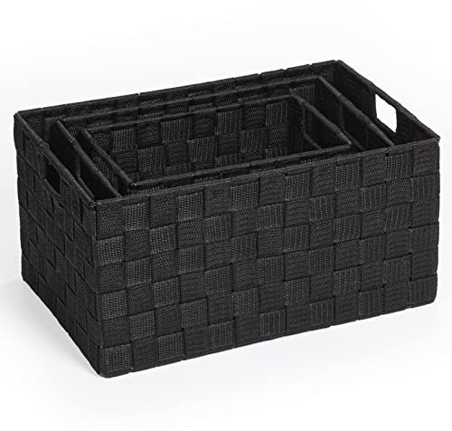 EHC Storage Baskets Woven set of 3, Storage Boxes, Storage Baskets for shelves, Storage Organiser, Baskets to make Hampers, Black