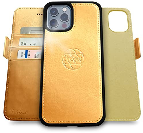 Dreem Fibonacci kompatibel mit iPhone 13 Pro Brieftaschen-Etui / 2-in-1 stoßfestes Etui und abnehmbares Folio aus veganem Leder, MagSafe-kompatibel, RFID-Schutz [Gold]