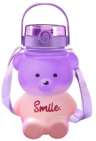 Kawaii Bär Wasserflasche mit Strohhalm, Bär Wasserflaschen mit verstellbarem Riemen, Teddybär Wasserflaschen, niedliche Wasserflaschen für Mädchen, Bären-Tasse, Kinder, Büro, Reisen (1.4 l)