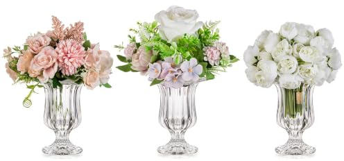 Glasseam Kleine Glasvasen für Blumen, Podest Kompottvase 3er Set | 14 cm H kurze Kristall-Urne mit transparentem Fuß, Vintage-Mittelstück für Hochzeiten, Esstische, Zuhause, Blumenarrangements
