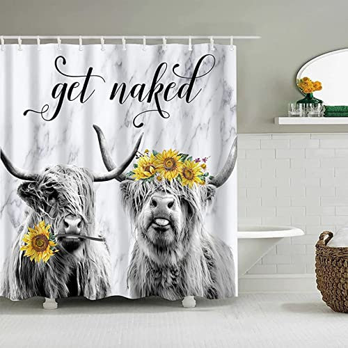 3D Duschvorhang 120x180 Sonnenblumen-Hochlandrinder Duschvorhänge Antischimmel Wasserdicht Badevorhang Hochlandrinder Duschrollo für Badewanne Dusche Shower Curtains, 8 Duschvorhang Ringe