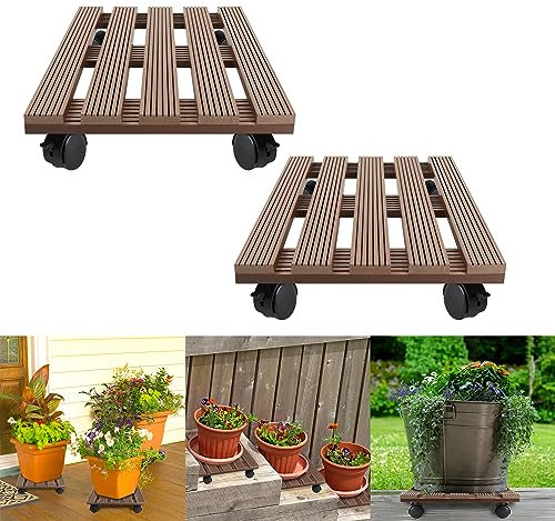 YRHome WPC Pflanzenroller Eckig 30x30cm 100kg Rollbrett Pflanzen für Innen- sowie Außenbereich Blumenroller Blumentopf Untersetzer mit Rollen witterungsbestaendig Transporthilfe für Pflanzen Braun