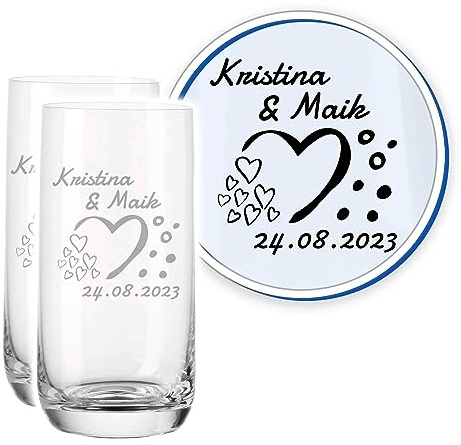 LALALO Leonardo Hochzeit Trinkglas Geschenk-Set (2 St.) graviert, Trinkgläser mit Gravur personalisiert als Hochzeitsgeschenk, Wasserglas/Longdrink-Glas zum Hochzeitstag (Liebeszauber)
