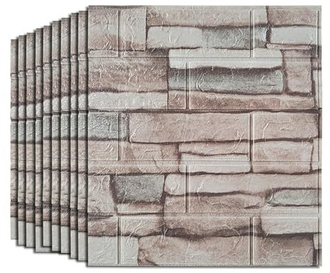 Trafagala 10 Stück 3D Wandpaneele Selbstklebend Ziegel Tapeten Steinoptik 35x 38 cm Steintapete Wandaufkleber Wasserdicht Wandtapete Klebetapete für Küche Schlafzimmer Badezimmer Wohnzimmer weiß grau