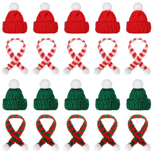 Dereine Mini Weihnachtsmütze, Nikolausmütze Klein, 20 Stück Mini Weihnachtsmütze und Schal Set, Mini-Strickmütze des Weihnachten für Weihnachten Weinflasche Abdeckung, Puppenhaus, Weihnachtsfeiern