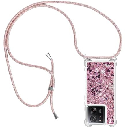 YAMCCCSE Handykette für Xiaomi 13T 5G/Xiaomi 13T Pro 5G Hülle mit Band, Silikon Durchsichtig Transparent Flüssig Glitzer mit Kette Kordel Treibsand Necklace TPU Schutzhülle Case，Rosa