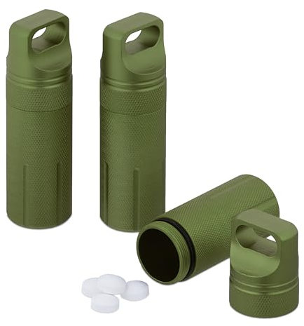 Relaxdays wasserdichte Kapsel, 3er Set, Pillendose Schlüsselanhänger, für unterwegs, Aluminium, HxD: 9,5 x 3 cm, grün