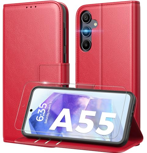 Peakally Handyhülle für Samsung Galaxy A55 Hülle [Mit 1 Stück Panzer Schutz Glas] [Premium PU Leder] [RFID-Blockierung] [Kartenfach] [Ständer] Klapphülle kompatibel mit Galaxy A55 - Rot
