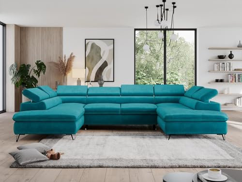 MKS MEBLE Sofa U, Wohnlandschaft U-Form, Ecksofa mit Schlaffunktion und Bettkasten, Schlafsofa mit Bettkasten, Couch mit Verstellbare Kopfstützen - Pedro U - Hellblau Velvet