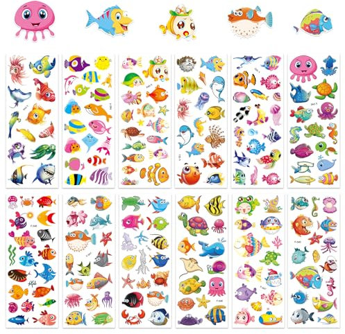 Meerestiere 3D Sticker Fische Aufkleber für Kinder, 12 Blätter Puffy Sticker Unterwasserwelt Foam Sticker Mädchen Jungen für Belohnungsaufkleber Verschiedenen Meerestiere Tropische Fische Aufkleber